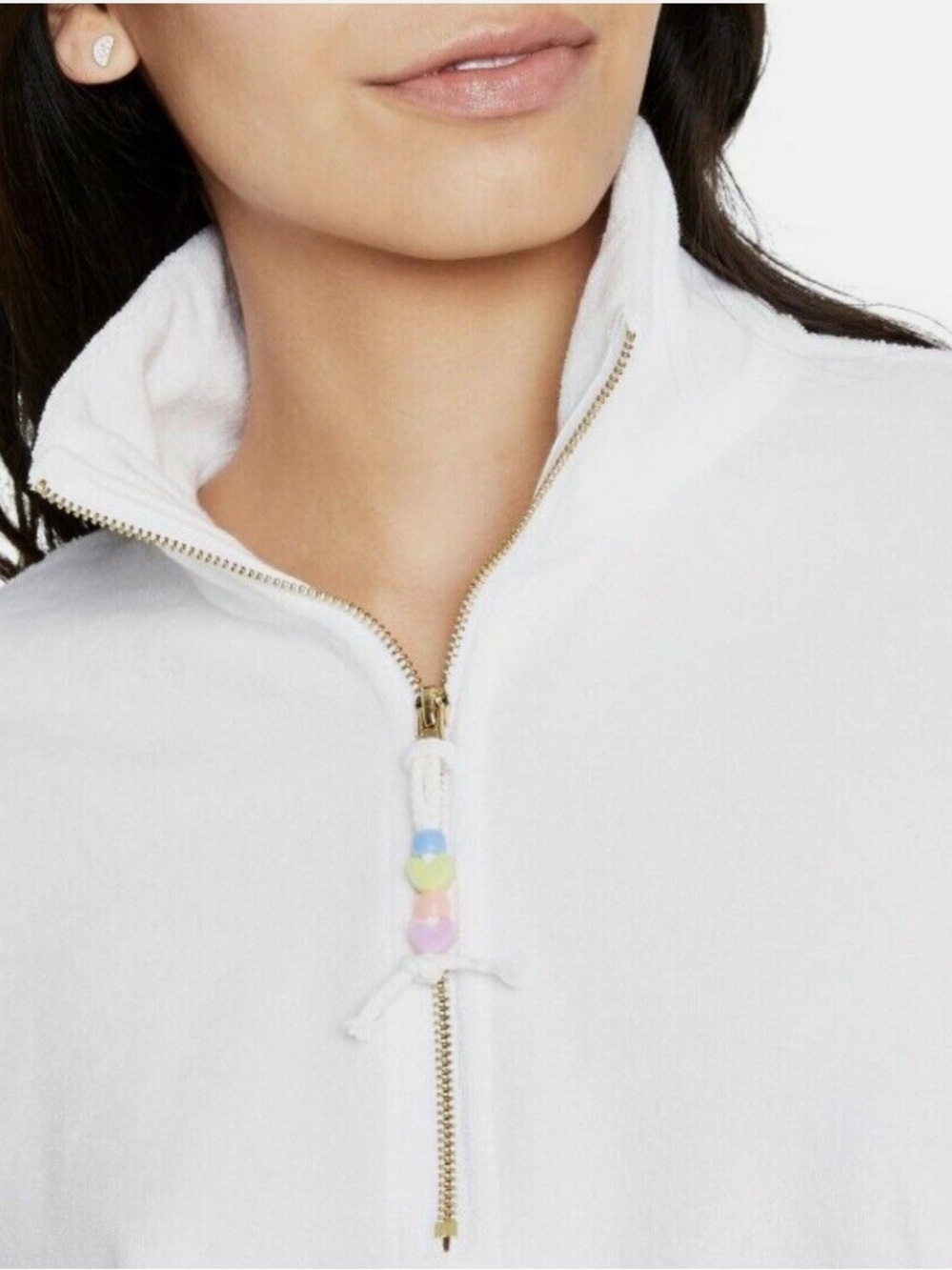 Stoney Clover Lane White Terry Cloth Quarter-Zip Pullover with Beaded Tassel